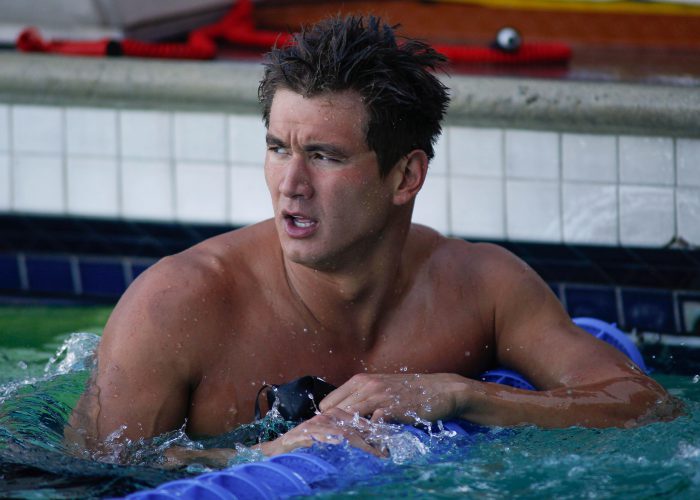 Jun 3, 2017; Santa Clara, CA, USA; Cal swimmer Nathan Adrian looks at the scoreboard after the A Finals of the Men's 50m Freestyle at George F. Haines International Swim Center. Mandatory Credit: Stan Szeto-USA TODAY Sports