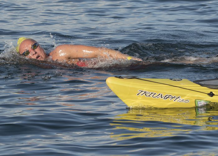 Chelsea Nauta swims during the 8-mile Swim for Alligator Lighthouse Saturday, Sept. 15, 2018, off Islamorada, Fla., in the Florida Keys. Nauta's time of 3 hours, 4 minutes and 21 seconds was the fastest among female competitors. The open-water swimming contest attracted more than 350 entrants. FOR EDITORIAL USE ONLY (Bob Care/Florida Keys News Bureau/HO)